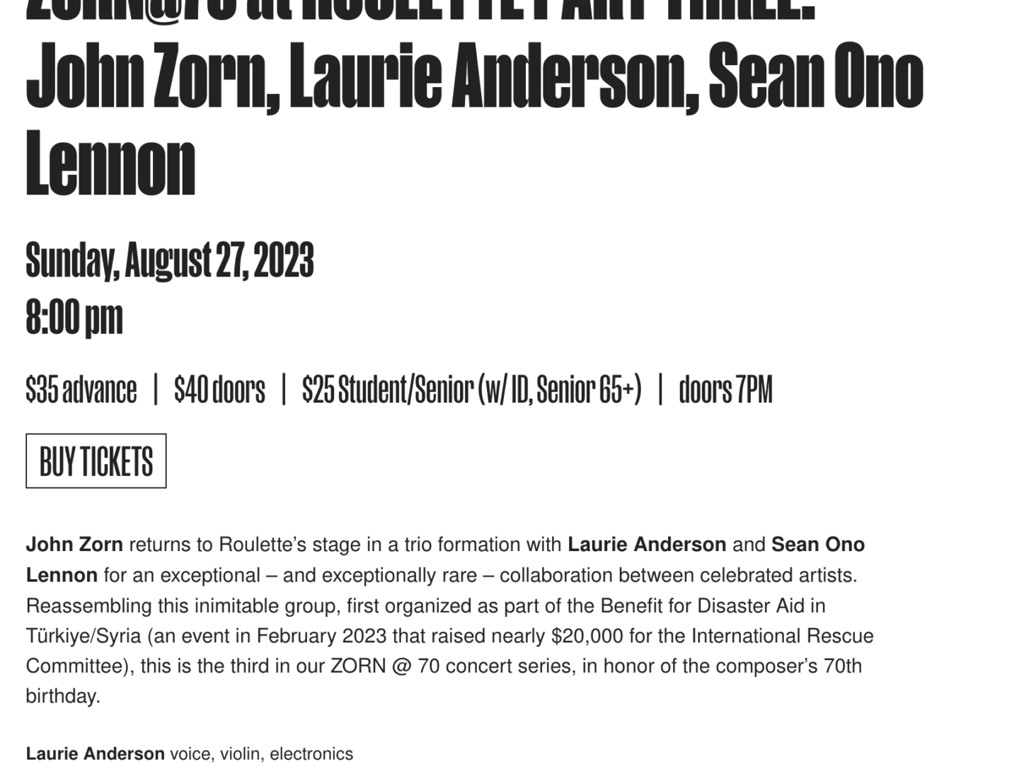 ZORN @ 70 – August 27, 2023